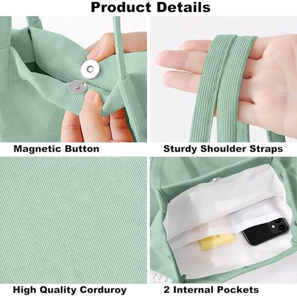 Women Pea Green Imported Corduroy Small Canvas Shoulder Handy Tote Bag - Picture 4 of 4